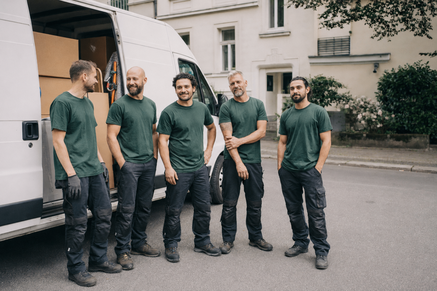 Team der Umzugscrew vor dem Transporter