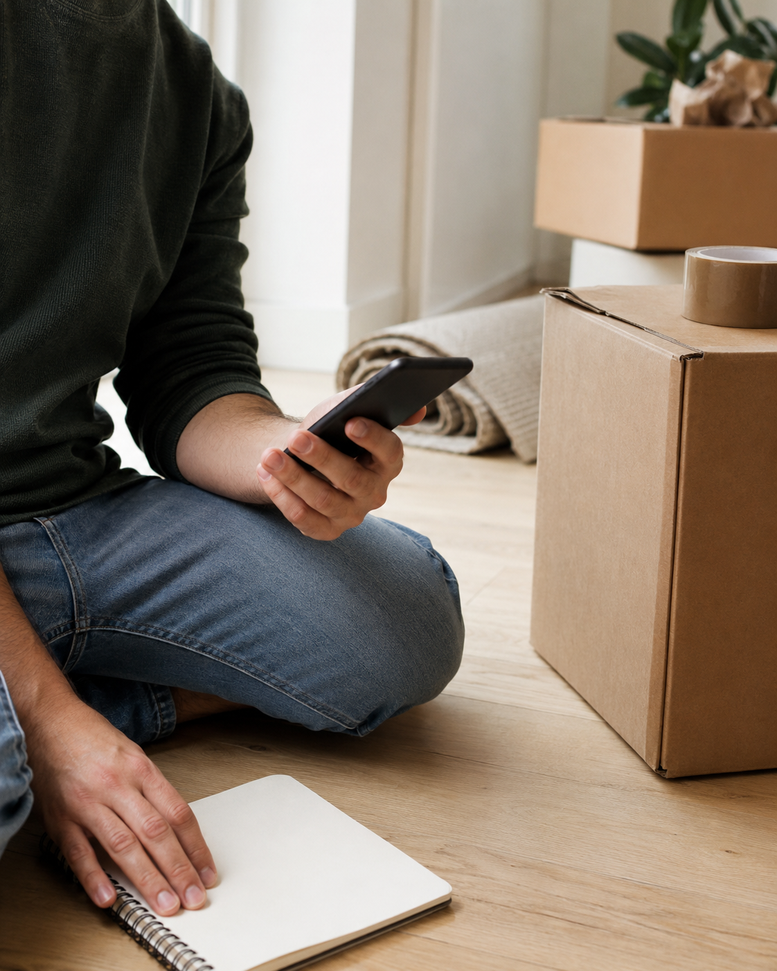 Person sitzt zwischen Umzugskartons und plant den Umzug per Smartphone